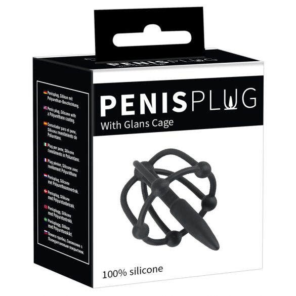 Plug penian - cușcă siliconică pentru gland cu dilatator uretral (negru)