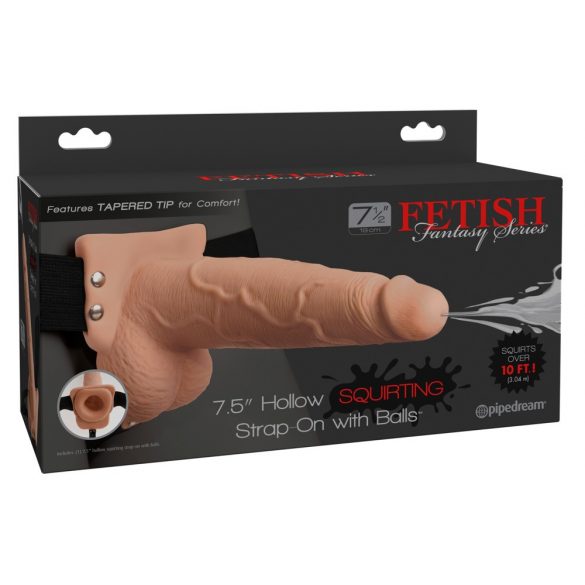 Fetish Strap-On 7,5 - připínací, duté, stříkající dildo (přírodní)