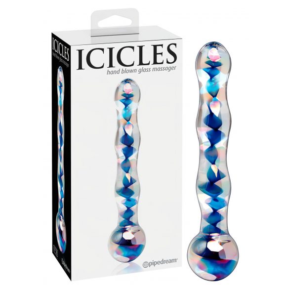 Icicles No. 08 - valovit steklen dildo z dvojnim koncem (prosojno-moder)