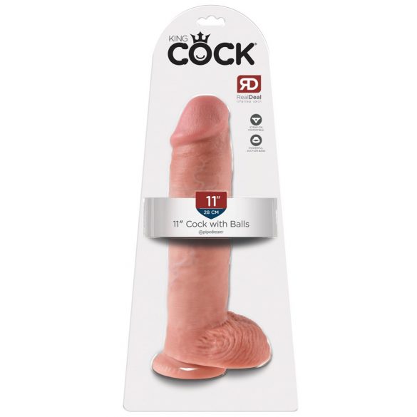 King Cock 11 - großer Saugnapf, Hoden Dildo (28cm) - Naturfarbe