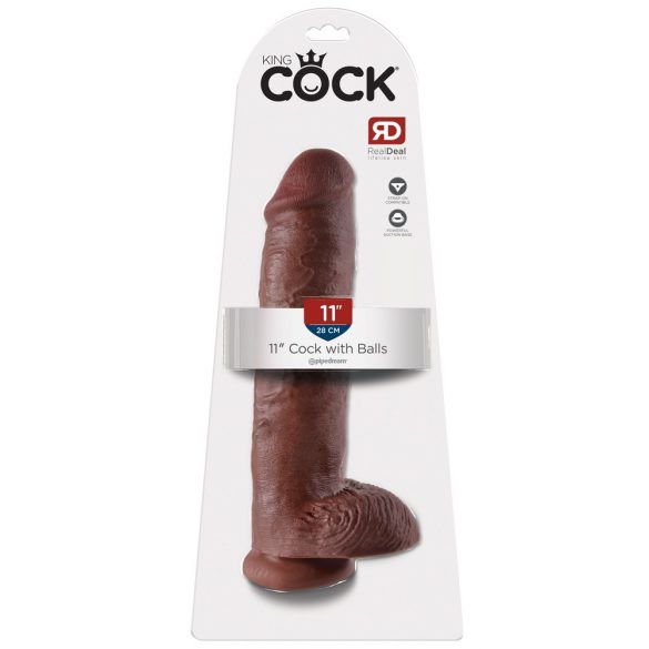 King Cock 11 - velké připínací, varlatové dildo (28 cm) - hnědé