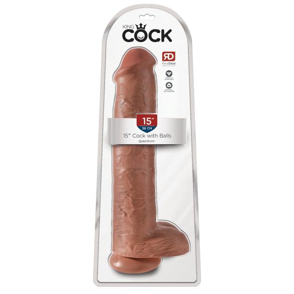 King Cock 15 - prísavkový, s semenníkmi, obrovský dildo (38cm) - tmavá prírodná farba