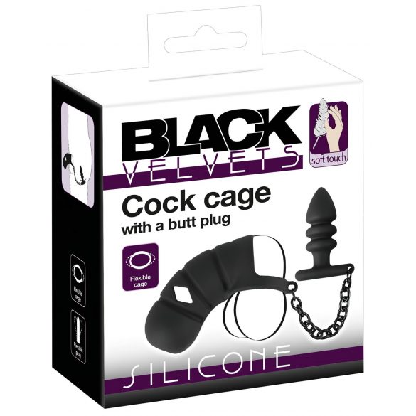 Black Velvet Silicone Penis Cage with Anal Dildo (Black)