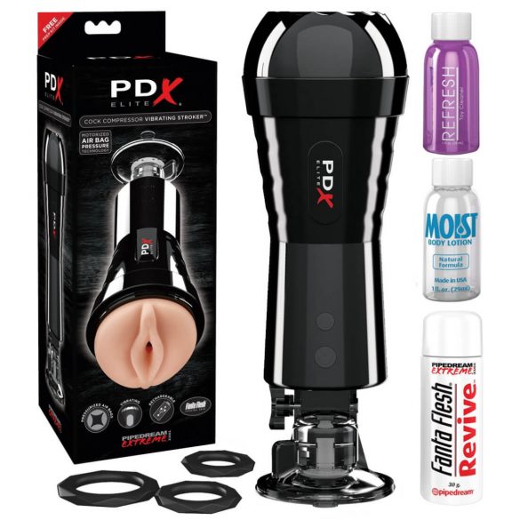 PDX Cock Compressor - usisni, vibrirajući masturbator za macu (crni)