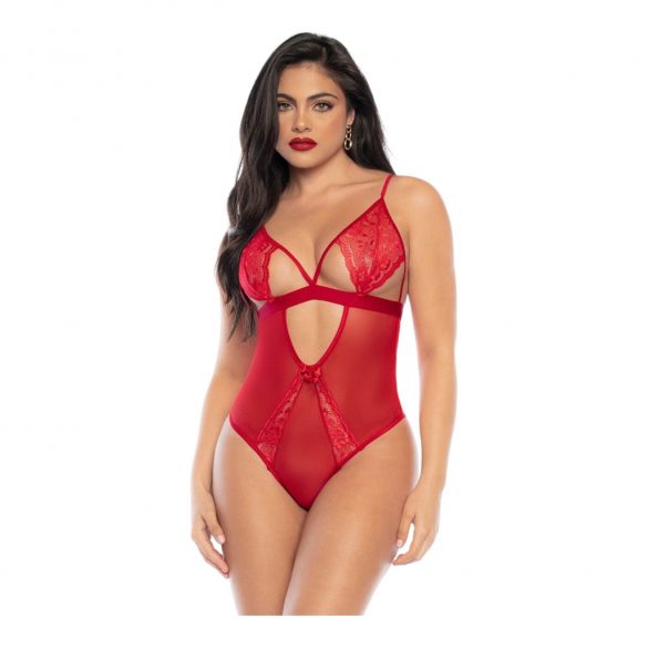 Lace Bodysuit with Garter (Red)  - L/XL