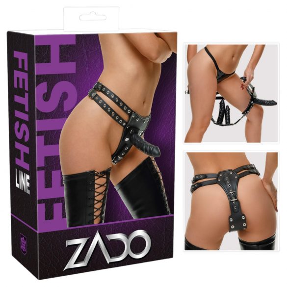 ZADO - leather harness with 2 inner dildos (black)  - L/XL