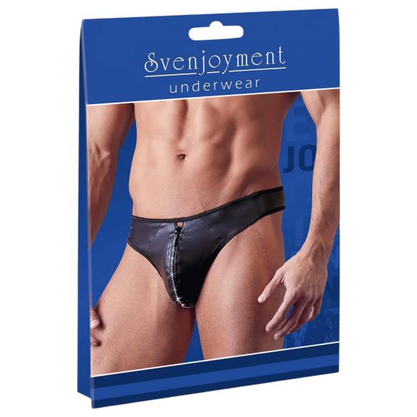 Svenjoyment - Glossy Men's Thong with Rhinestone Zipper (Black)  - L