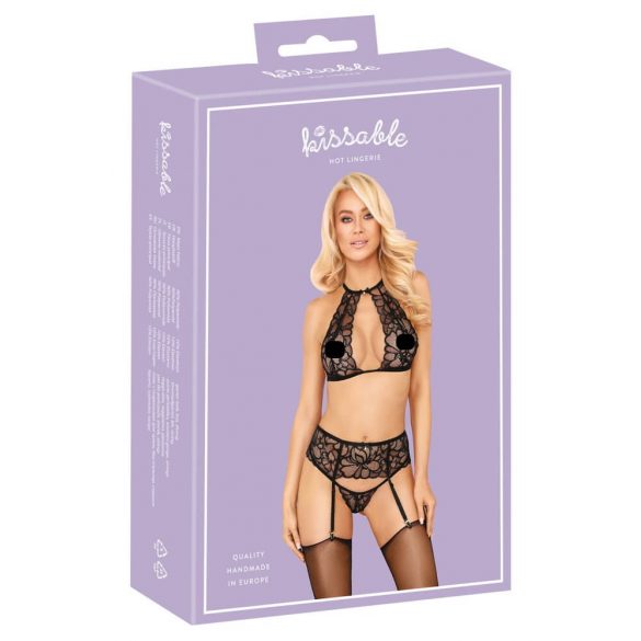 Set Intimo Incantevole con Reggiseno a Collare in Pizzo (Nero)