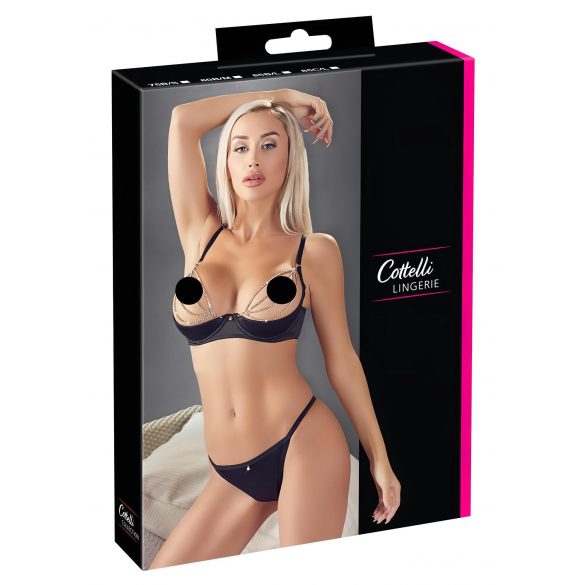 Cottelli - Satin Push-up Set met Strass en Ketting (zwart) - 80B/M