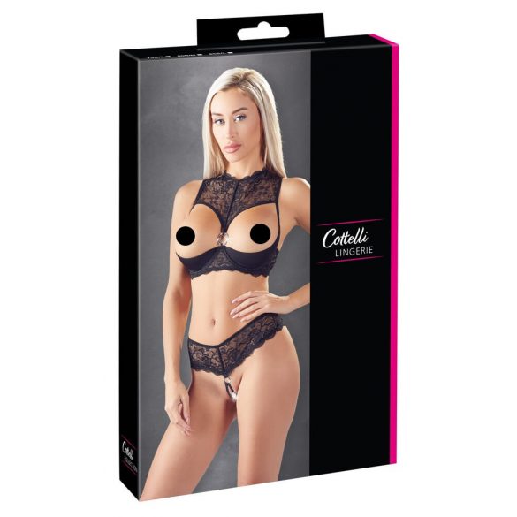 Cottelli - Set di reggiseno aperto con anelli e strass (nero)