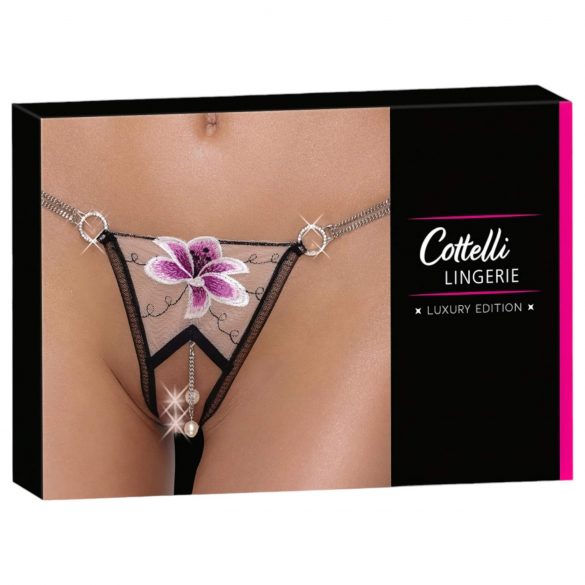 Cottelli - Luxury Embroidered Lily Thong (Black-White)