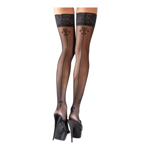 Cottelli - Lily-patterned, Striped Thigh Highs (Black)  - 3