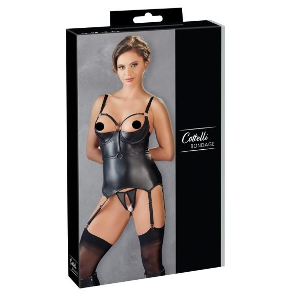 Cottelli Bondage - Glänzendes, büstenhebendes Oberteil mit Handschellen (schwarz)  - XL