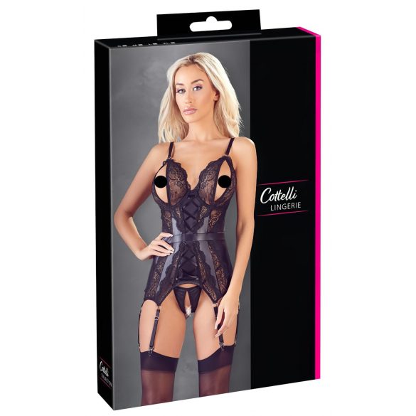 Cottelli - Lace-Gloss Open Top and Thong (Black)  - M