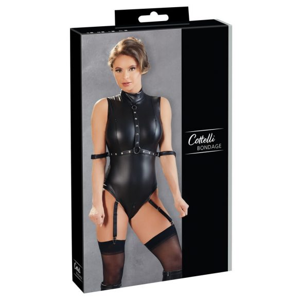 Cottelli Bondage - Sleeveless Glossy Bodysuit with Hand Restraints (Black)