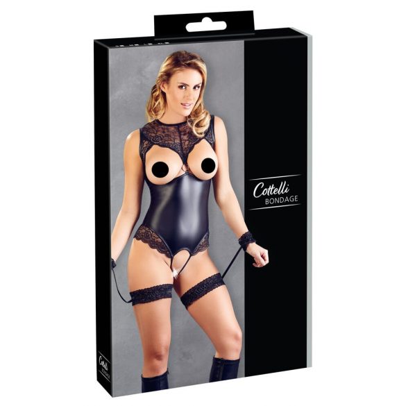 Cottelli Bondage - čipkované a lesklé otvorené telo s putami (čierne)  - XL