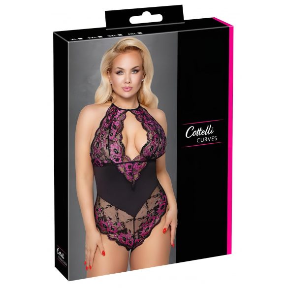 Cottelli Plus Size - kvetinové body (čierno-fialové)  - 4XL