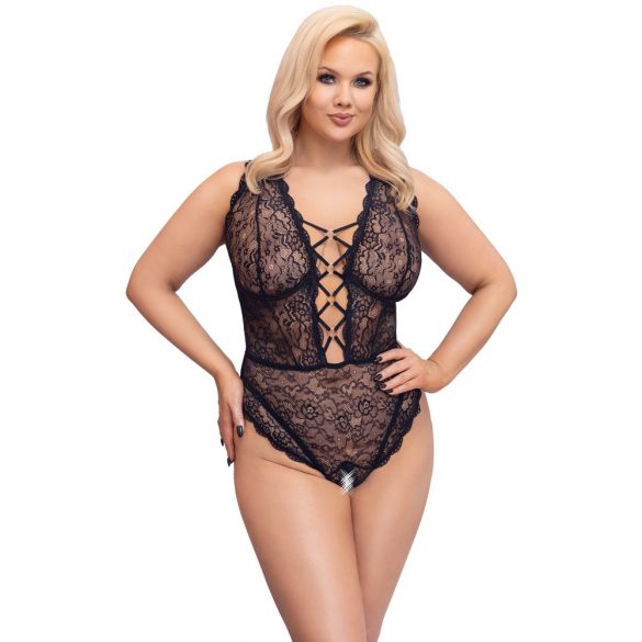 Cottelli Curves Plus Size - caurspīdīgs rakstains bodijs (melns)