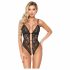 Abierta Fina - Open Lace Bodysuit with Rhinestones (Black-Gold)  - M