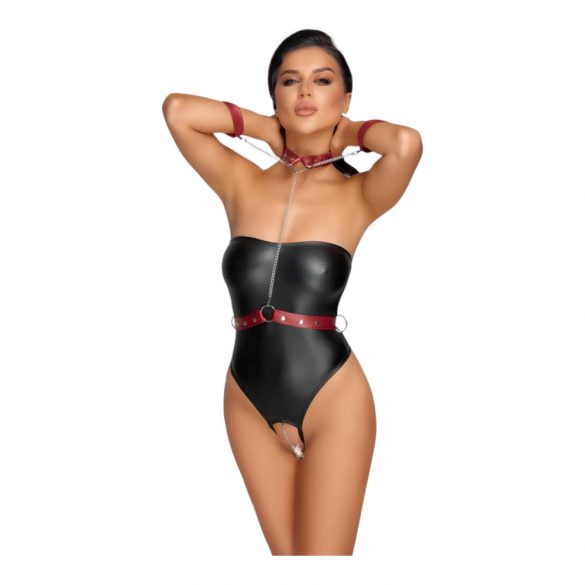 Cottelli Bondage - Glänzender Body mit Handschellen (Schwarz-Rot)  - M