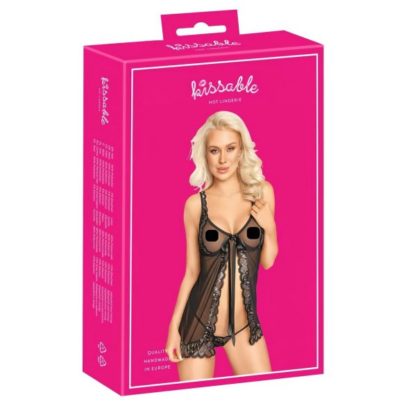 Babydoll Apribile con Fiocco e Perizoma (Nero)  - L/XL