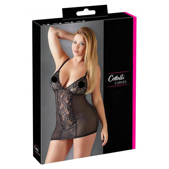 Cottelli Plus Size - Lace-Insert Sheer Negligee (Black)  - 2XL