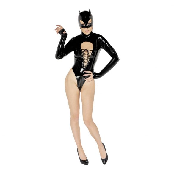 Body Lucido Nero con Maniche Lunghe e Decorazione a Corsetto - Maschera Batwoman Inclusa  - M