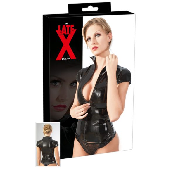 Latex zip-front, short-sleeve top (black)  - L