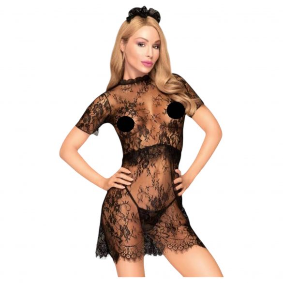 Penthouse Poison Cookie - Lace Dress, Thong, and Hair Accessory (Black)  - L/XL