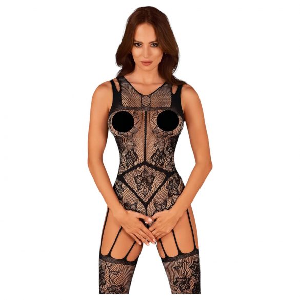 Obsessive - floral pattern open fishnet bodystocking (black) (S-L)