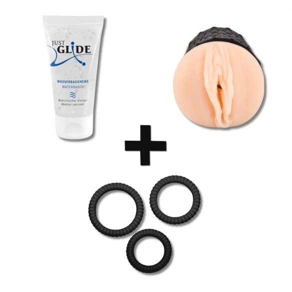 Handjob starter kit (masturbator, lubricator, penis ring)