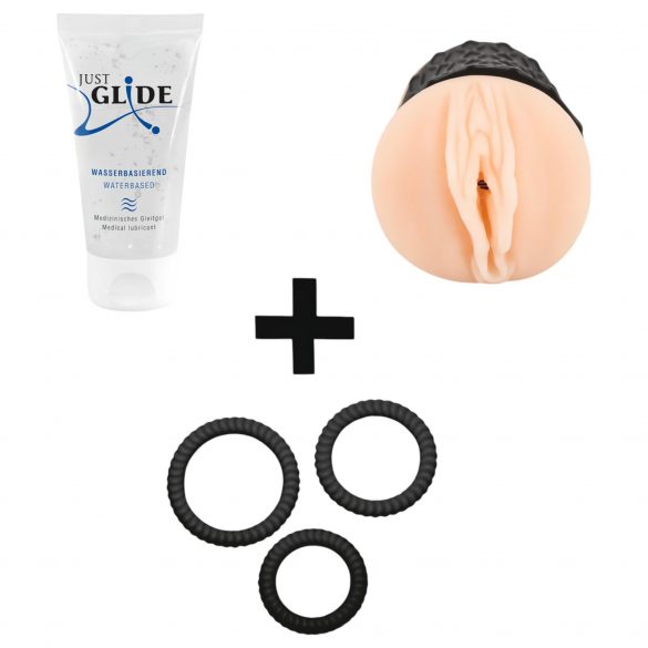 Handjob-Starterkit (Masturbator, Gleitmittel, Penisring)