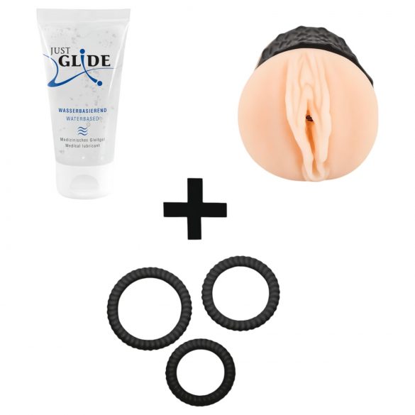 Handjob starter kit (masturbator, lubricator, penis ring)