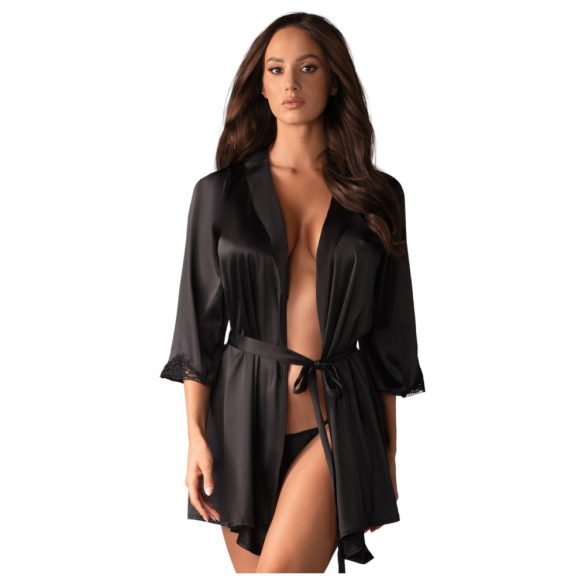 Obsessive Satinia Short Satin Robe with Thong (Black)