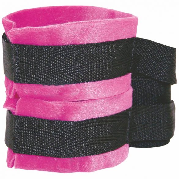 S&M - Samtige Handschellen mit langer Verbindung (pink-schwarz)