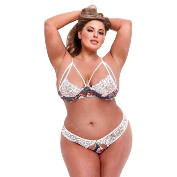 Baci Plus Size - kwiatowy koronkowy biustonosz i majtki z odkrytymi plecami